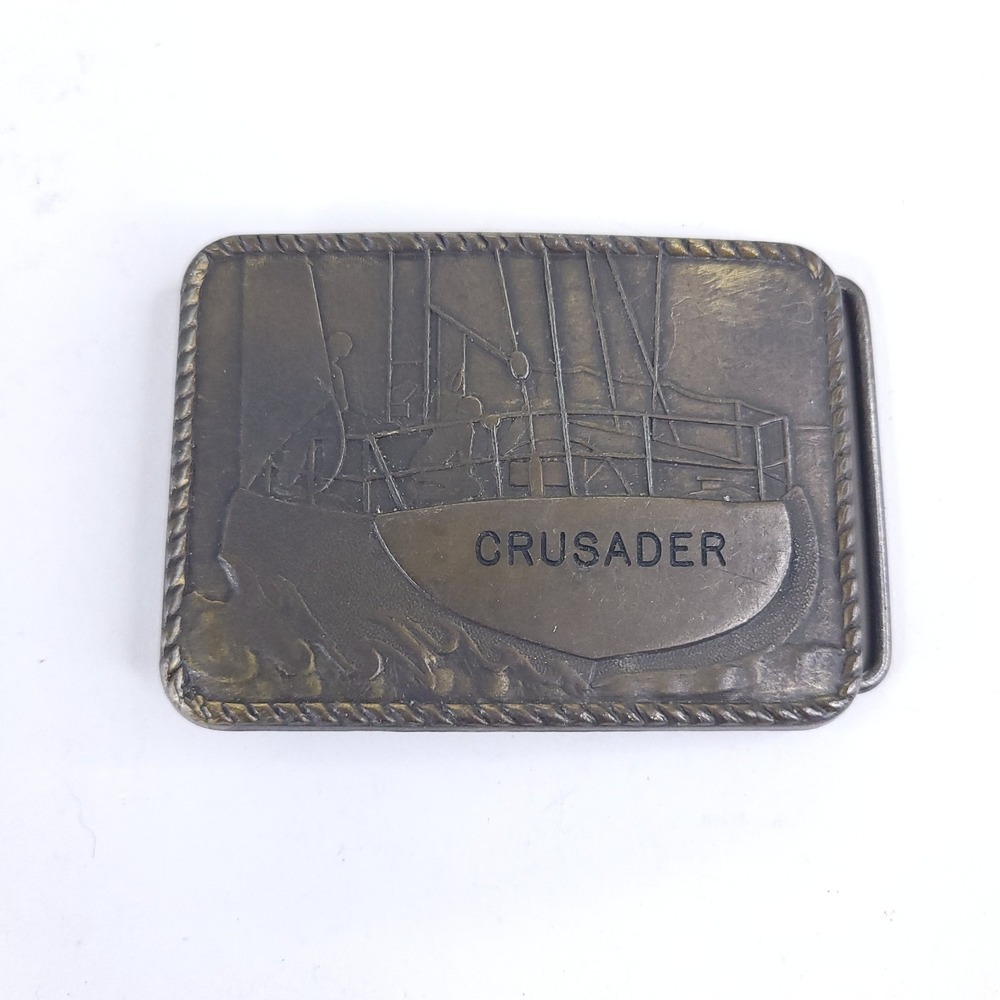 Vintage Crusader Great Lakes Fishing Vessel Bronze Belt Buckle 3x2 inches 1980s